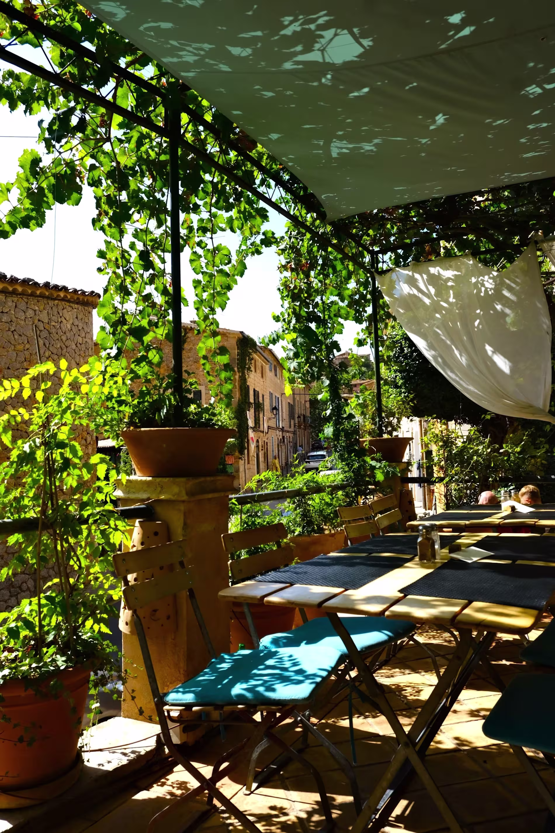 Outdoor café terrace with wooden tables and chairs, shaded by a canopy and surrounded by green plants, overlooks a narrow street lined with stone buildings.