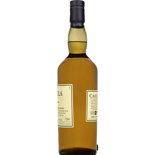 A bottle of Caol Ila single malt Scotch whisky with a black cap and cream-colored label, set against a plain background.
