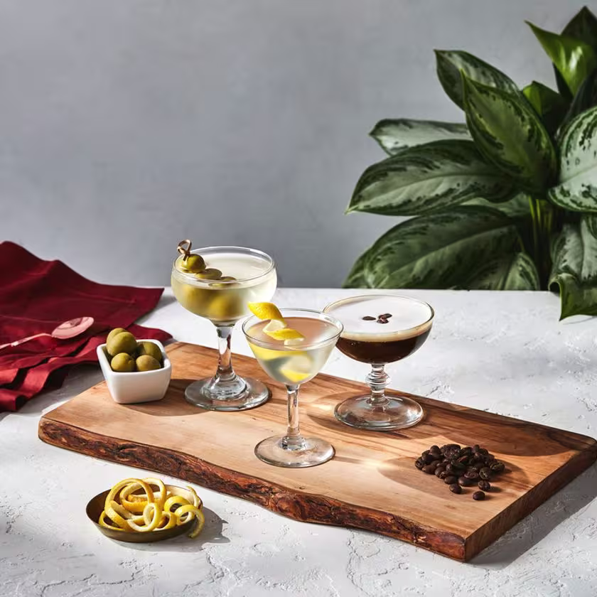 La imagen muestra tres copas rellenas con distintas variedades del cóctel martini y diferentes ingredientes para decorar cócteles.