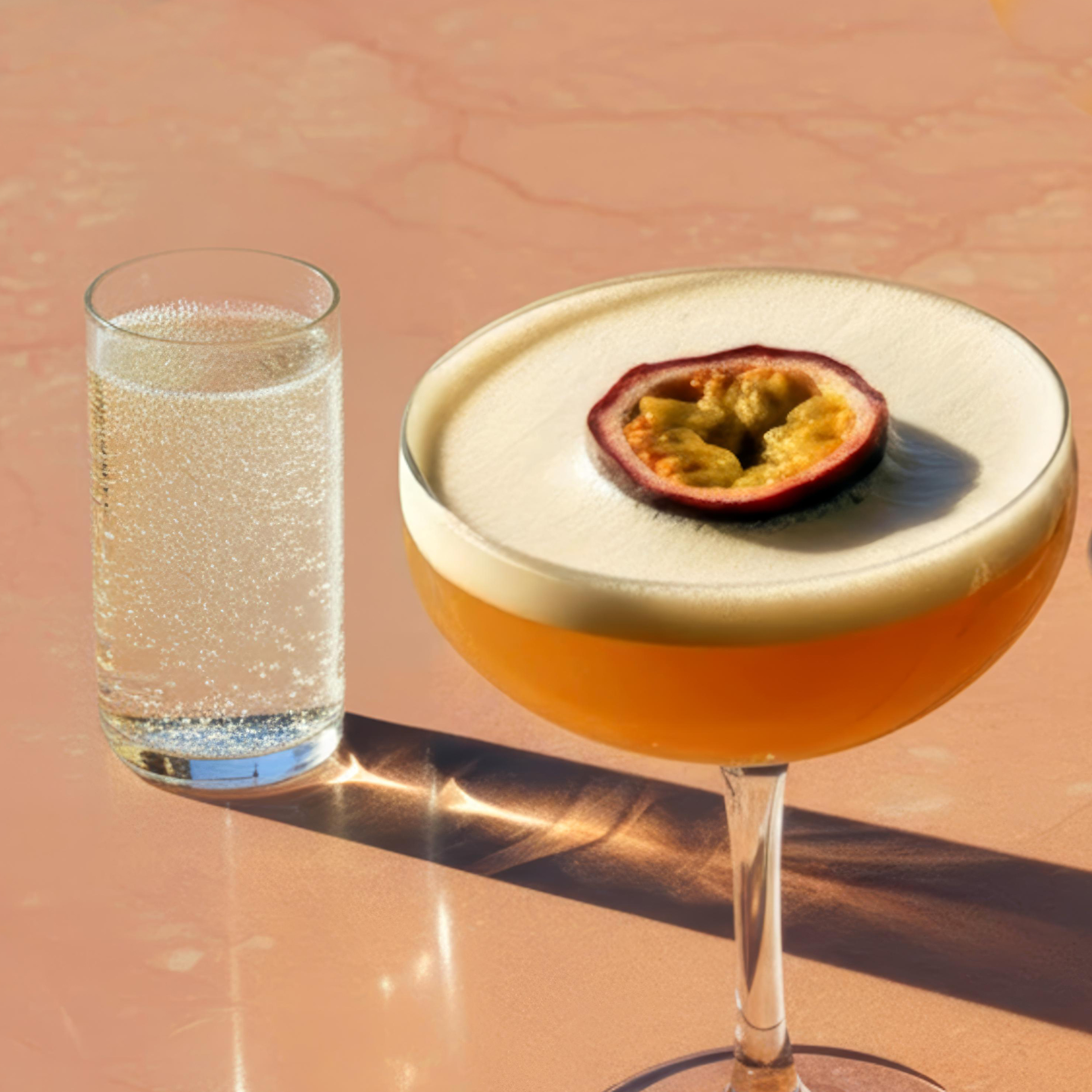 Two pornstar Martini cocktails with passionfruit garnishes on a coral counter, next to a fruit and cheese board. 