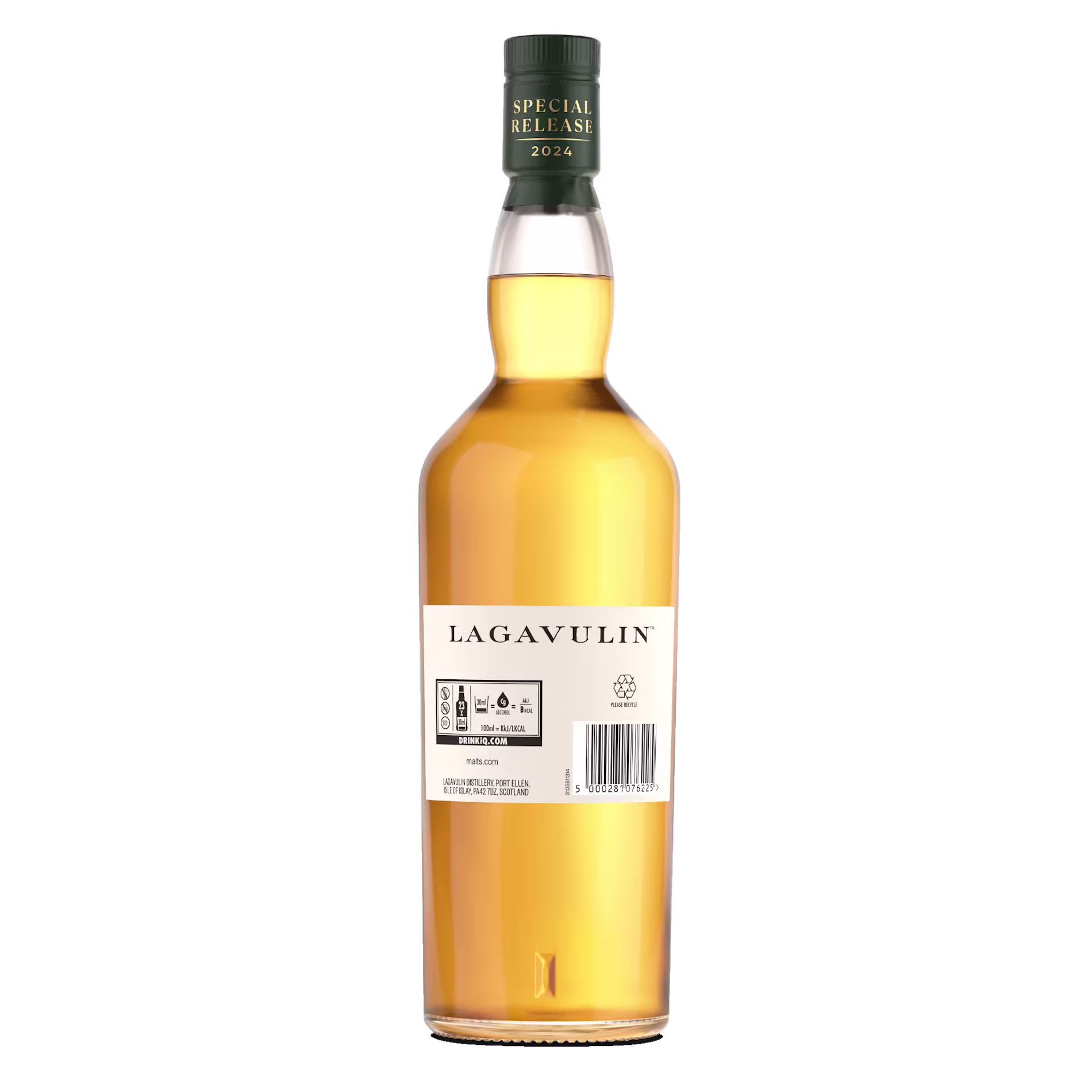 A bottle of Lagavulin whisky with a Special Release 2024 label on the cap, photographed against a plain white background.