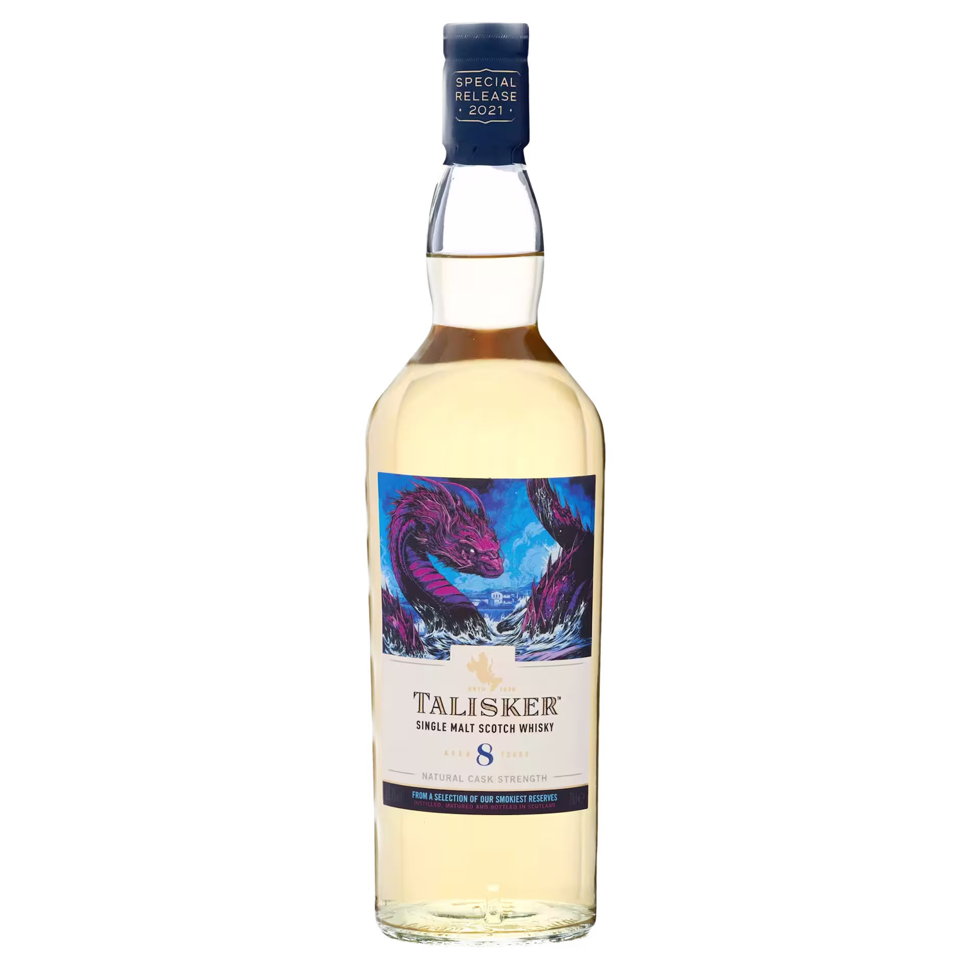 A bottle of Talisker 8 Year Old Single Malt Scotch Whisky with a label featuring a purple sea creature and the text Special Release 2021.