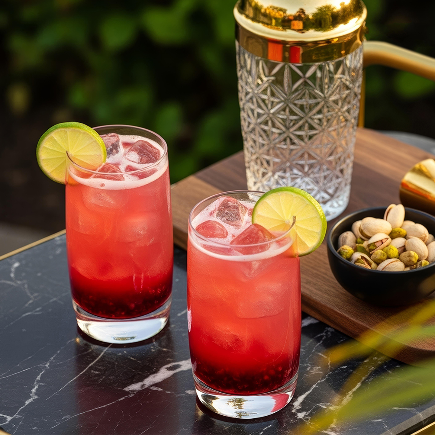 Two Woo Woo cocktails next to a glass cocktail shaker and a bronze jigger on a bar cart.