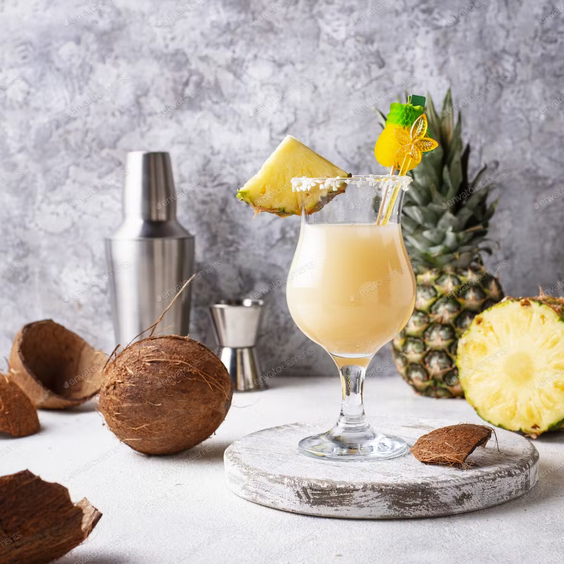 La imagen muestra una copa rellena con el cóctel Salted Piña Colada, piñas, cocos y otros elementos de coctelería alrededor.