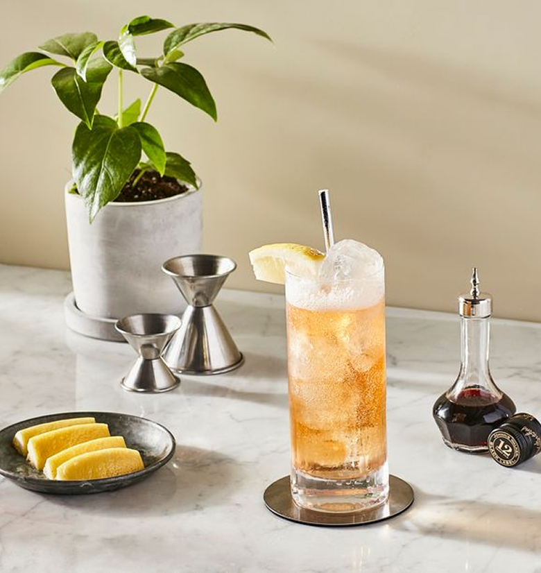 Johnnie Walker Black Label & Ginger Ale in a highball glass garnished with lemon on a bar countertop 