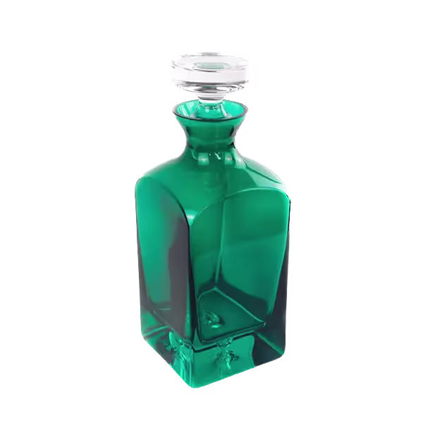 A square, emerald-green glass decanter with a clear glass stopper, displayed against a plain black background.