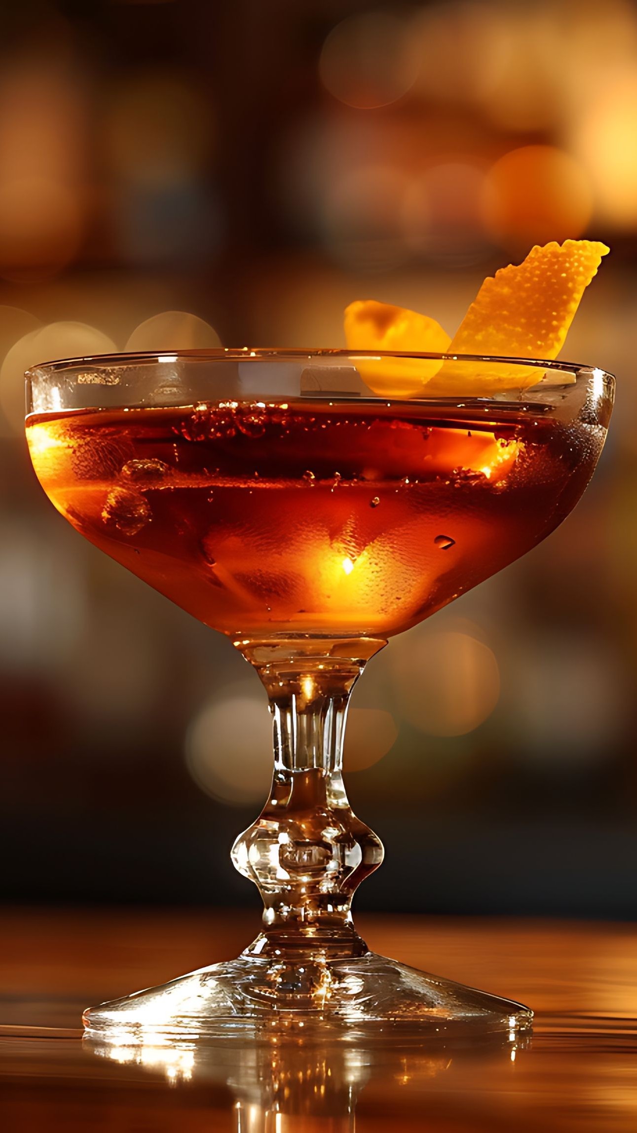 A Manhattan cocktail in a coupe glass with an orange peel garnish