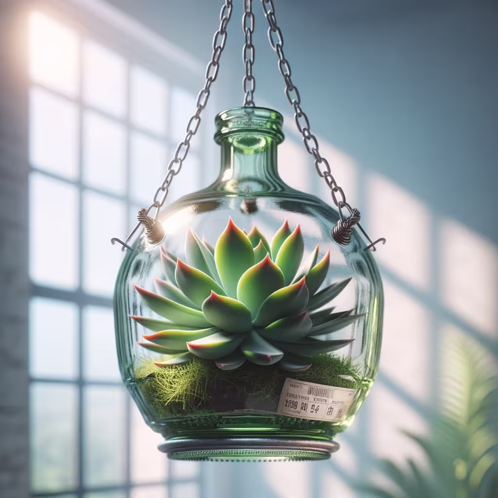 A succulent plant inside a green glass hanging terrarium with metal chains, positioned in front of large sunlit windows.