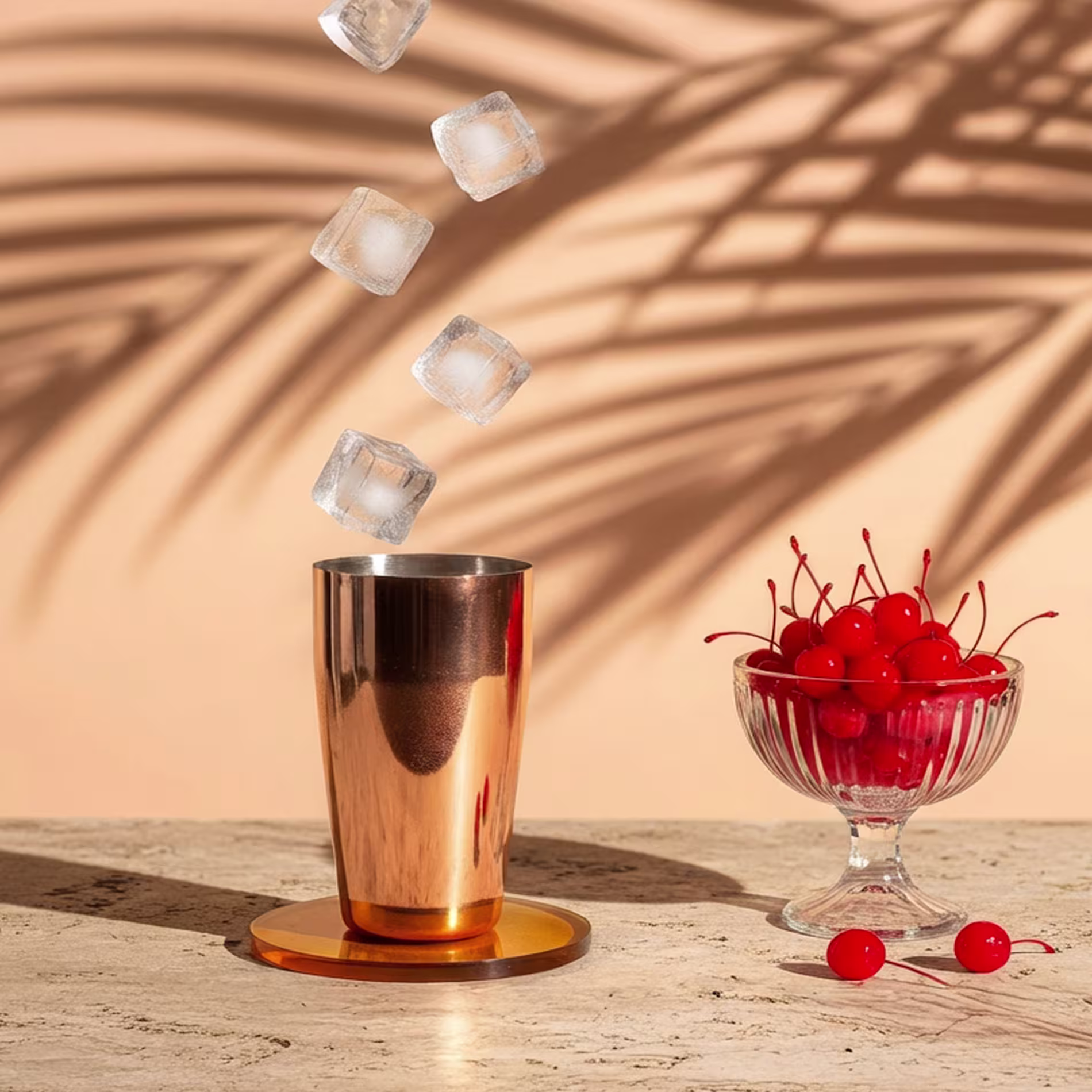 Egy koktél shakerbe hulló jégkockák egy tál cseresznye mellett.