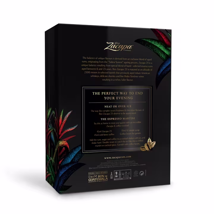 Ron Zacapa Centenario Sistema Solera 23 Year Old Rum 70cl plus 2x Glasses angle back
