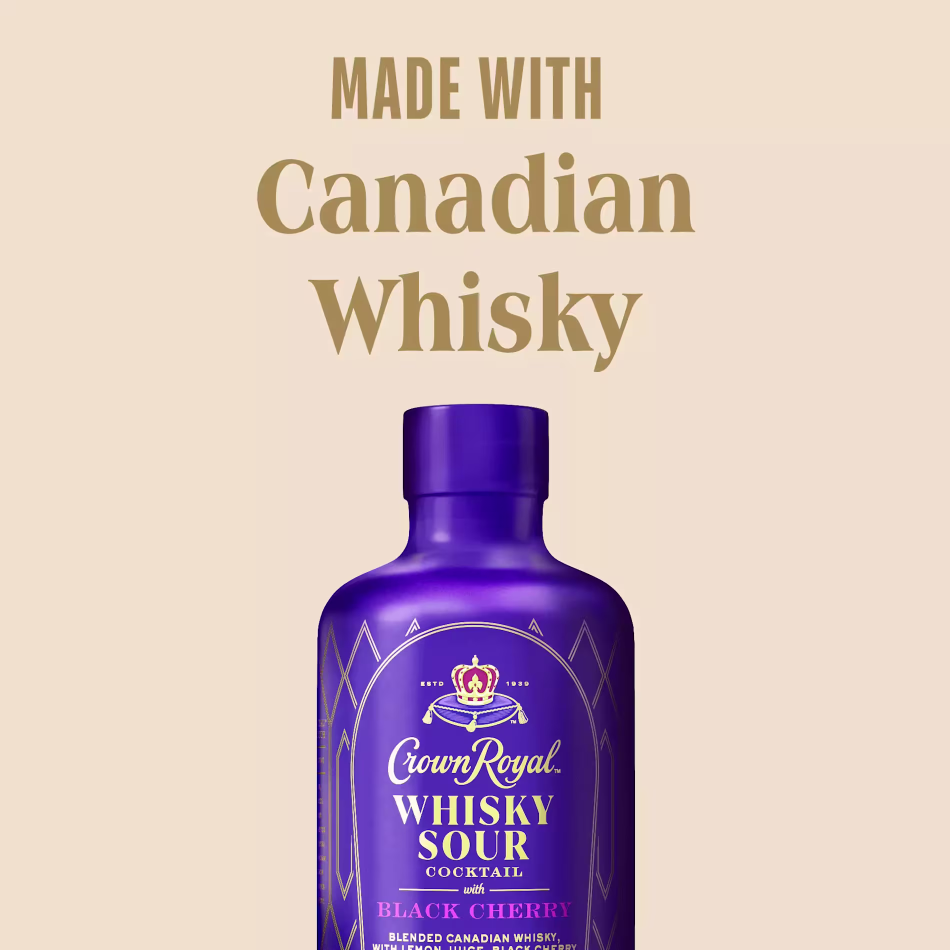 A purple bottle of Crown Royal Whisky Sour Black Cherry cocktail with text above reading Made with Canadian Whisky.
