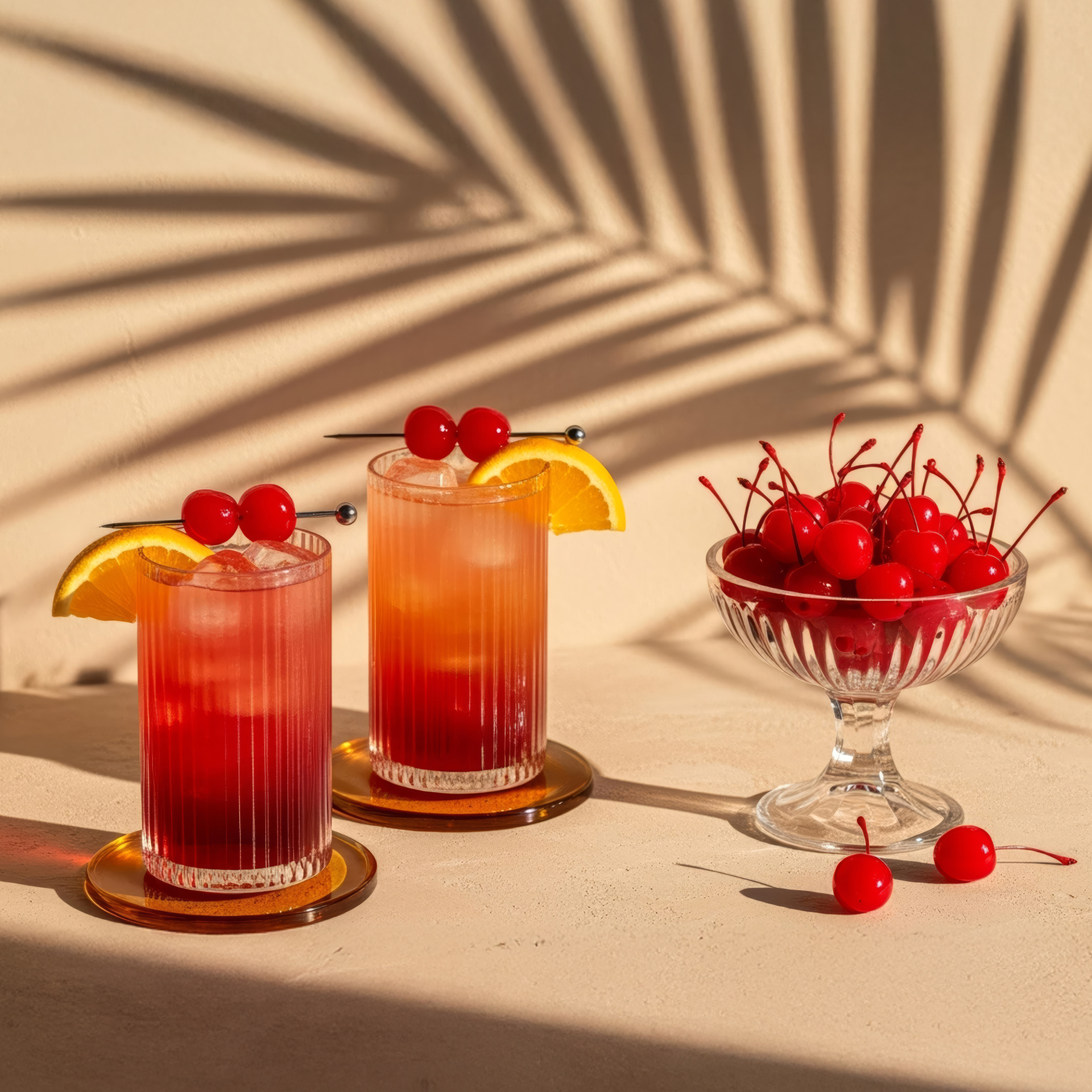 Two red cocktails with an orange slice and cherry garnish in the sun, next to a bowl of cherries.