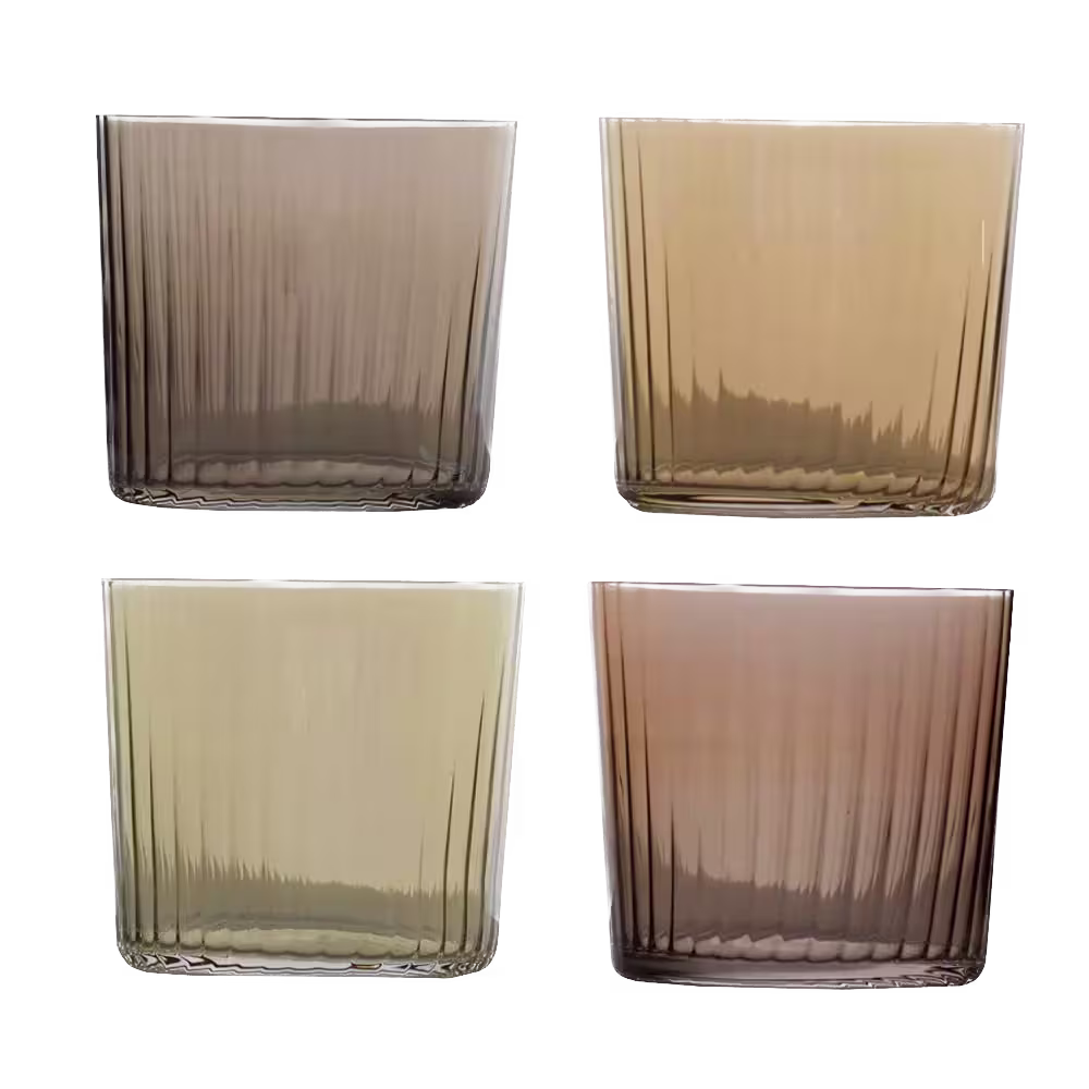 Four square-shaped, ribbed glass tumblers in varying shades of brown and beige, arranged in a two-by-two grid on a black background.