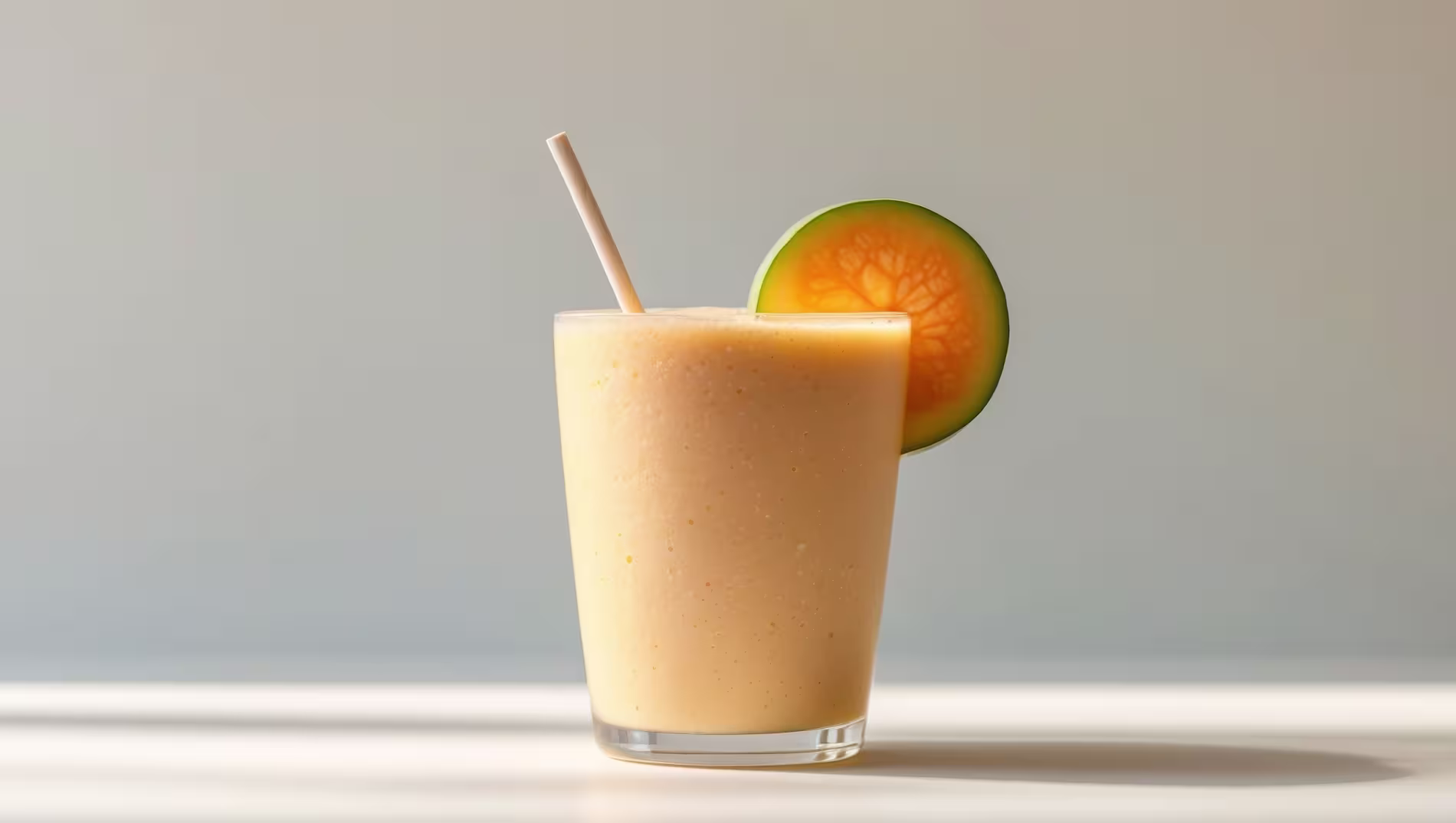 A glass of orange-colored smoothie with a straw and a slice of melon on the rim, placed on a light surface against a neutral background.