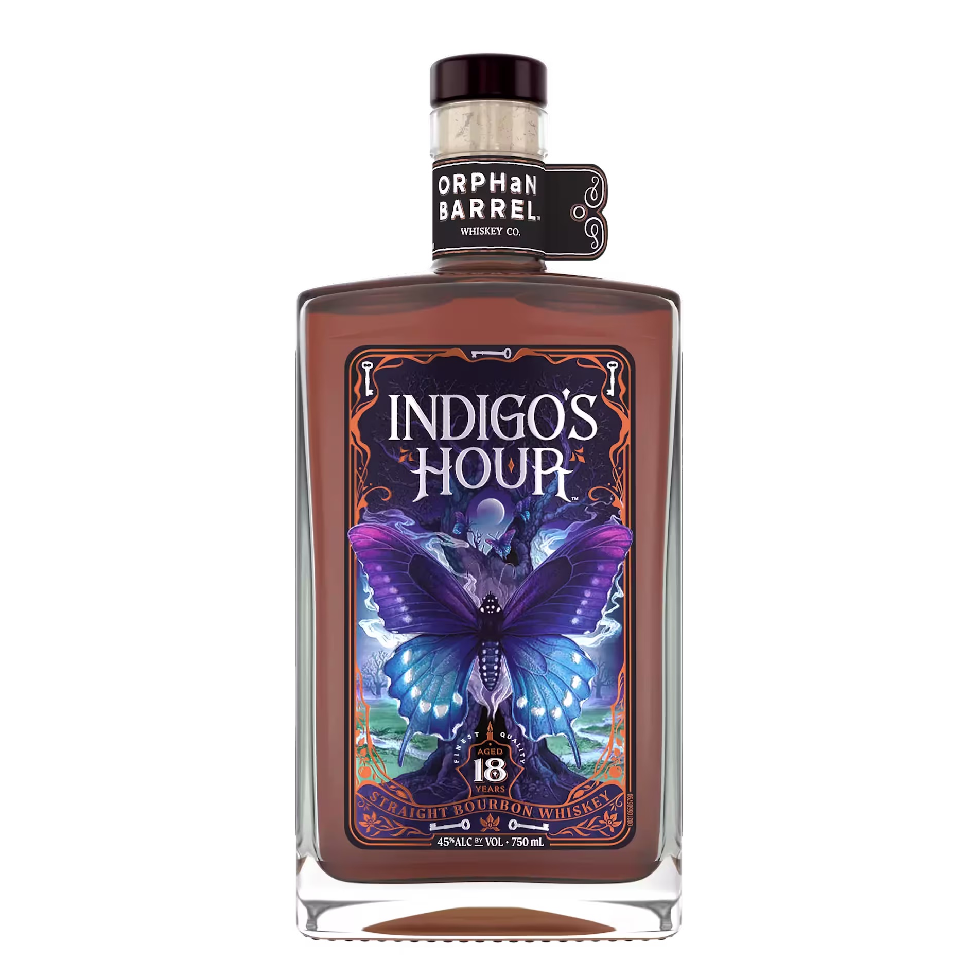 A bottle of Orphan Barrel Indigos Hour 18-year-old whiskey, featuring a label with a large blue butterfly and purple accents.