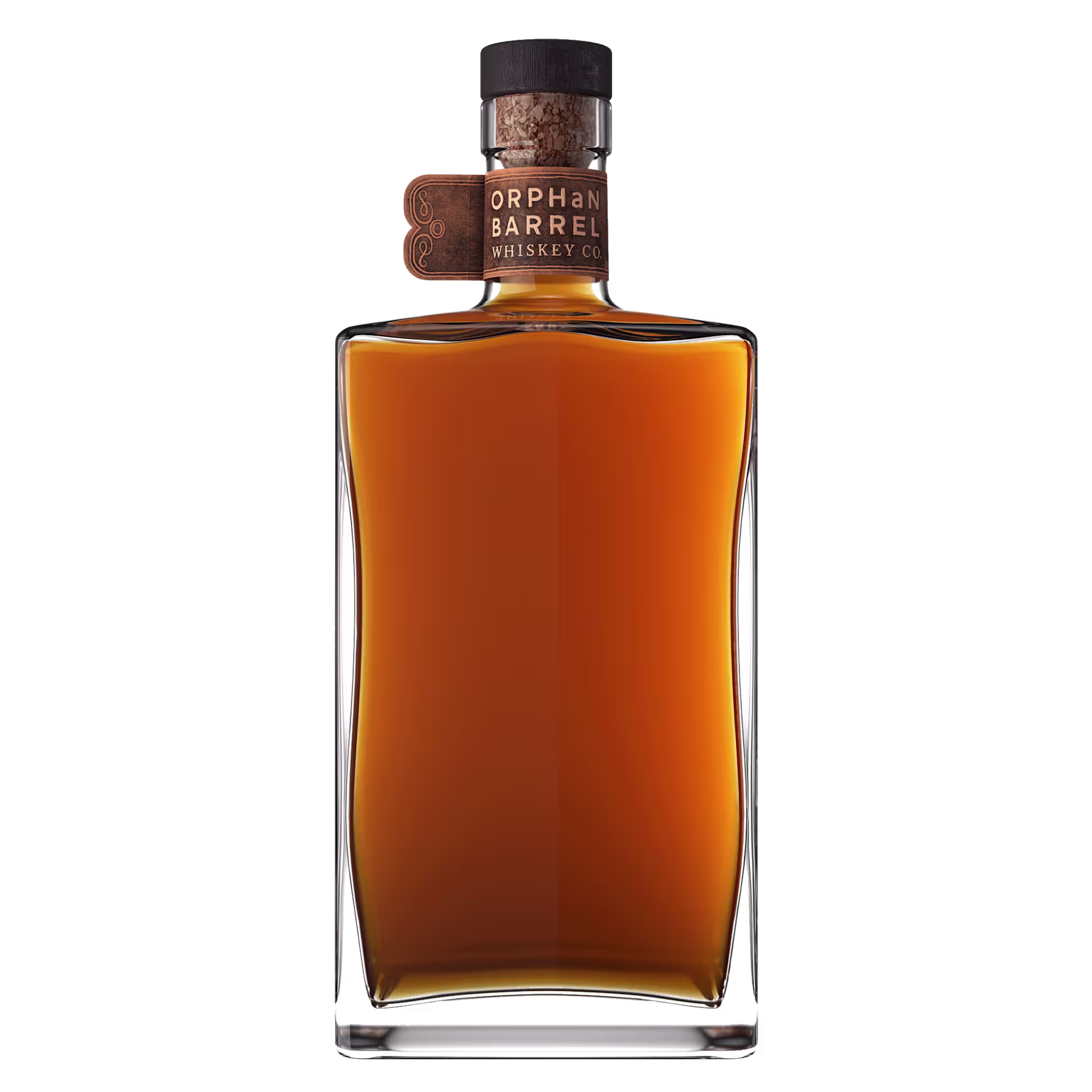 A rectangular glass bottle filled with amber whiskey, topped with a cork and a label that reads Orphan Barrel Whiskey Co.