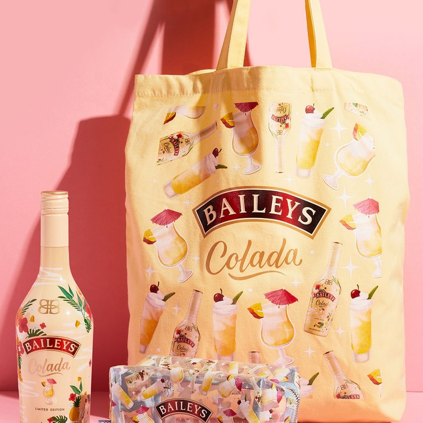 Baileys Colada tote bag, makeup bag and bottle