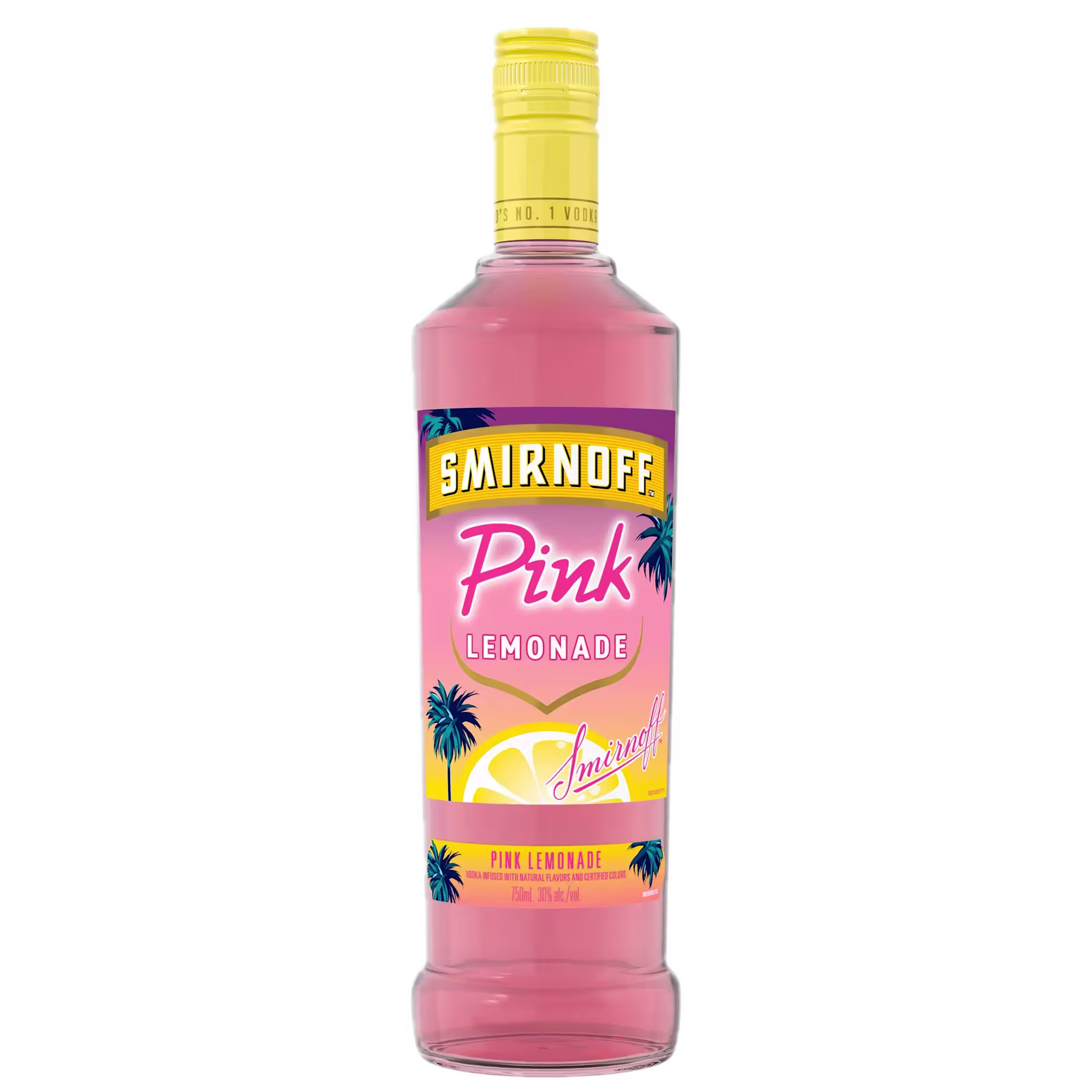 A bottle of Smirnoff Pink Lemonade vodka with a yellow cap and a label featuring palm trees, lemons, and pink accents.