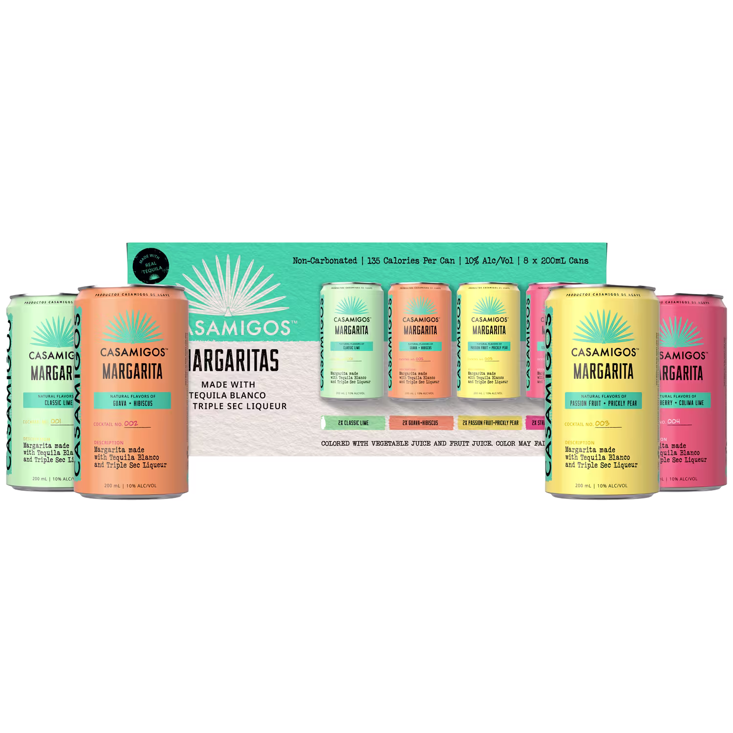 Four Casamigos margarita canned cocktails in different flavors are displayed with their packaging, featuring bold colors and product details on each can.