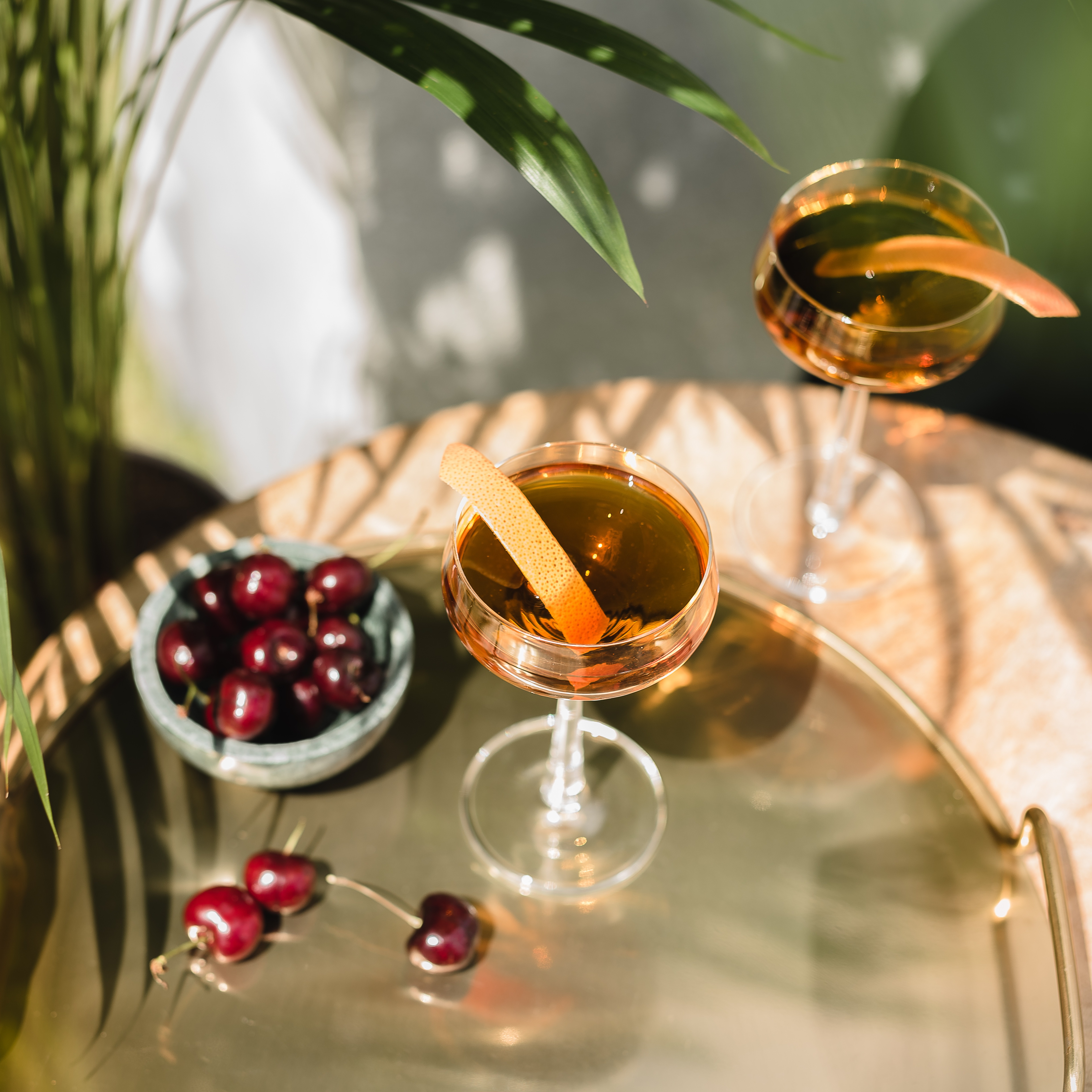 Two cocktails in coupe glasses in the sunshine next to a bowl of cherries and a green leafy plant.