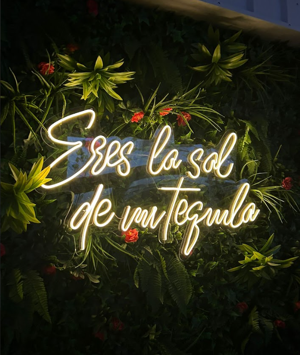 Cartel luminoso en tono amarillo con la frase "Eres la sal de mi tequila" . Lo rodea en todo su alrededor una corona de hojas verdes con detalles en flores rojas.