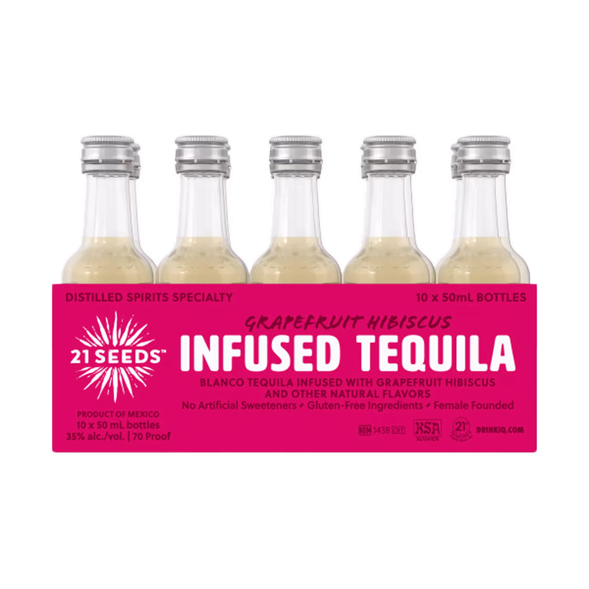 A pack of five 50ml bottles of 21 Seeds Grapefruit Hibiscus Infused Tequila with a bright pink label displaying product details.