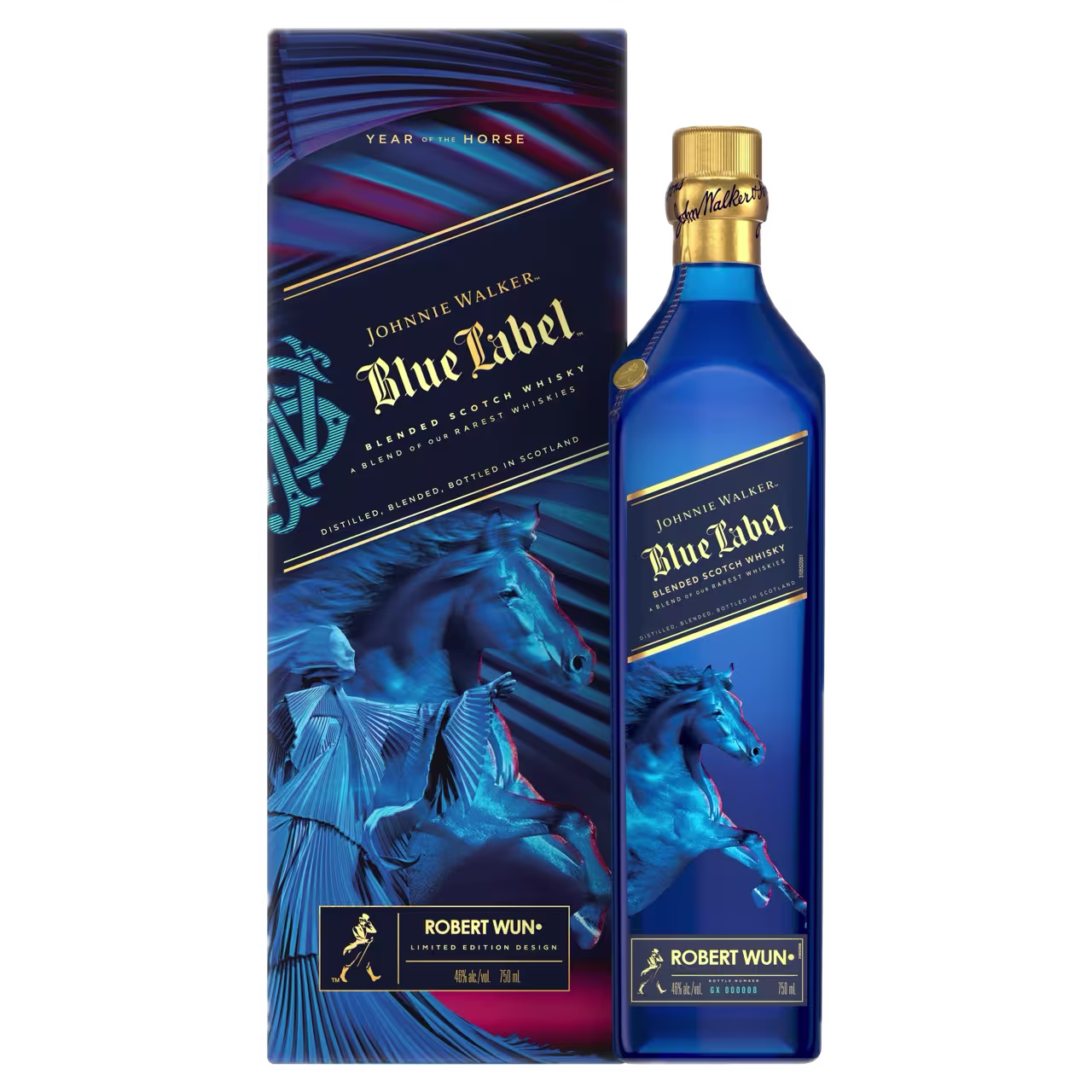 A blue bottle of Johnnie Walker Blue Label whisky stands next to its matching box, both featuring a horse motif and gold accents.