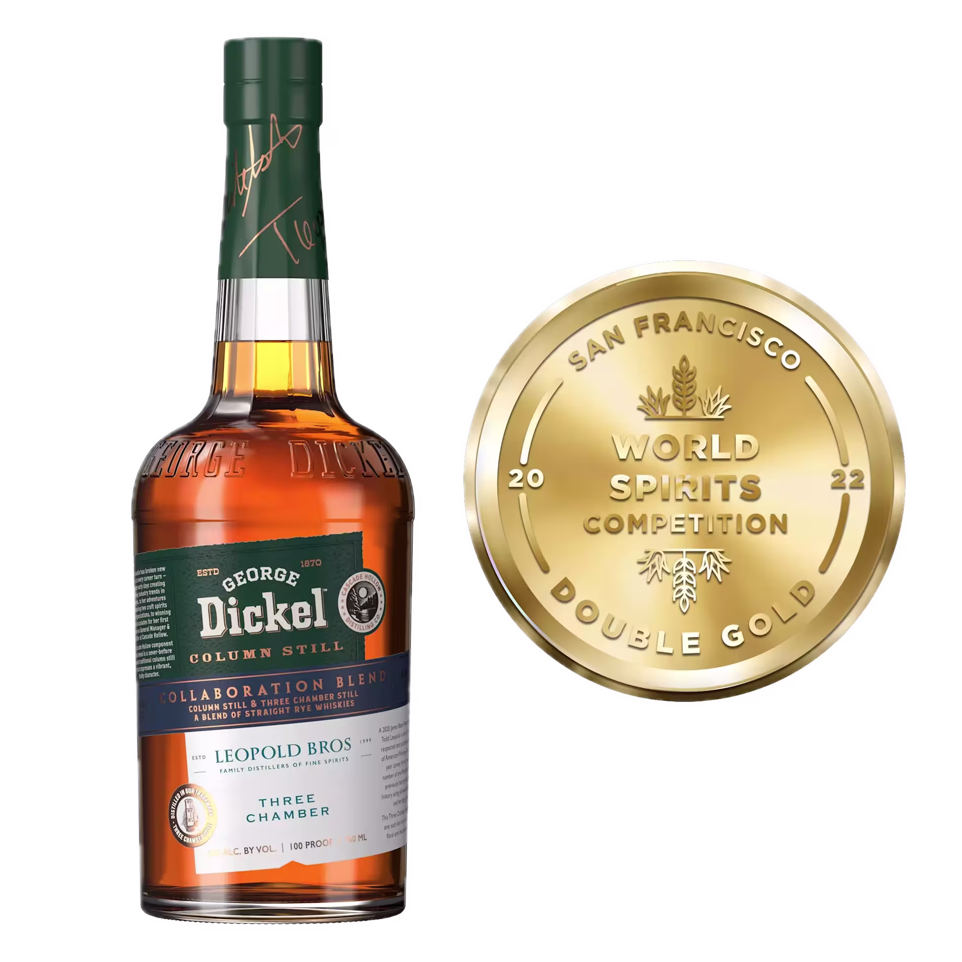 A bottle of George Dickel Collaboration Blend whiskey is shown next to a 2022 San Francisco World Spirits Competition Double Gold medal.