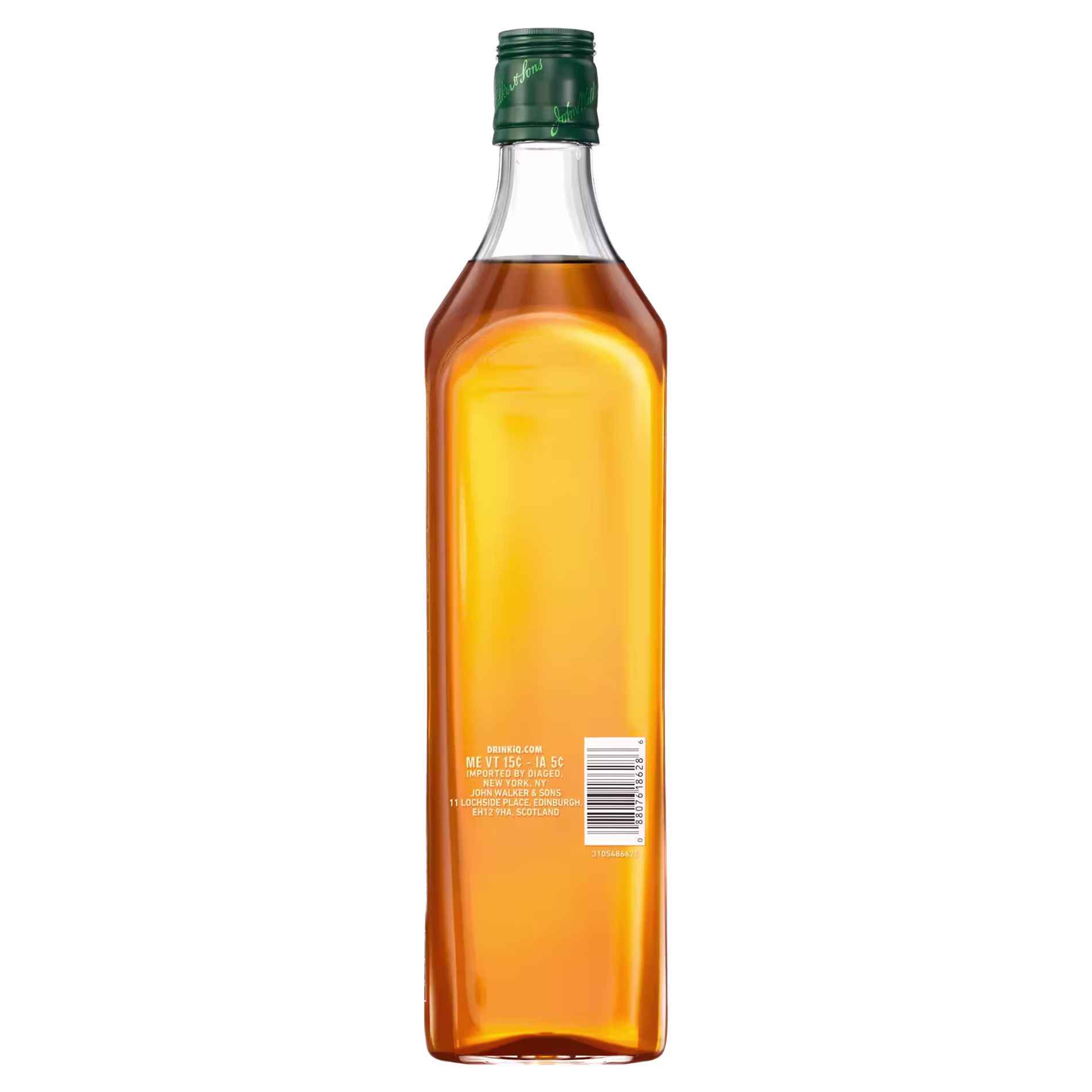 A tall, rectangular bottle filled with amber liquid, shown from the back with a green cap, white label, and barcode visible.