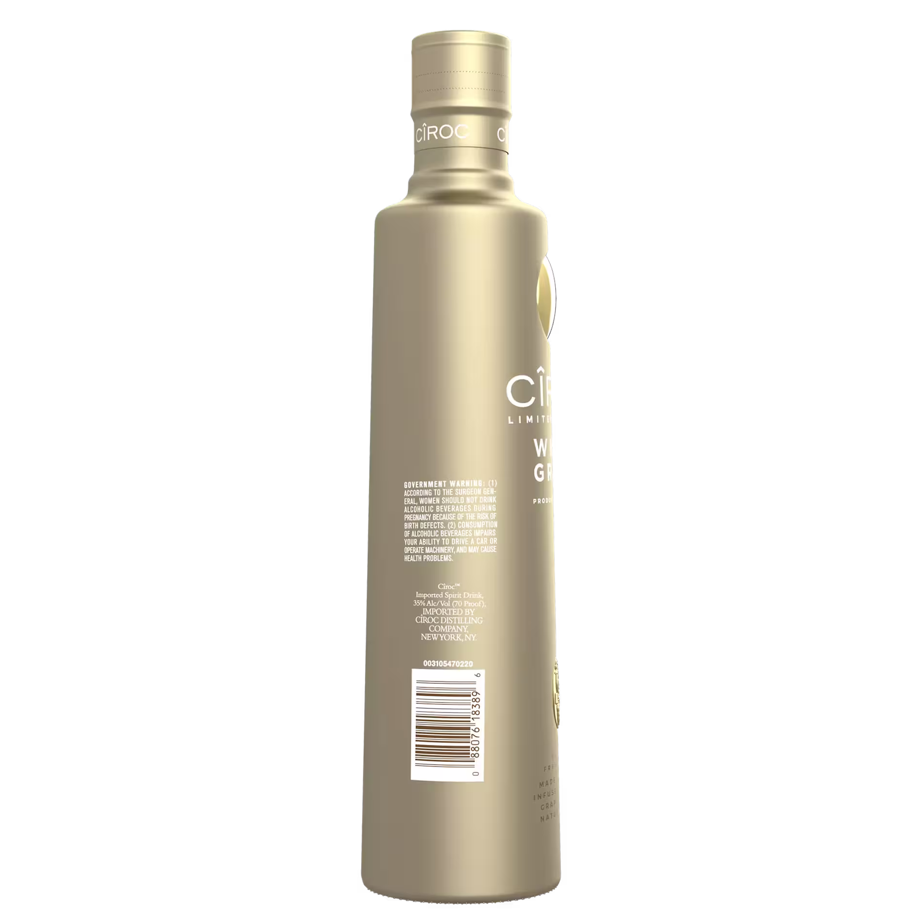 A metallic gold bottle of Ciroc vodka is shown standing upright against a black background, with the label and barcode visible on the side.