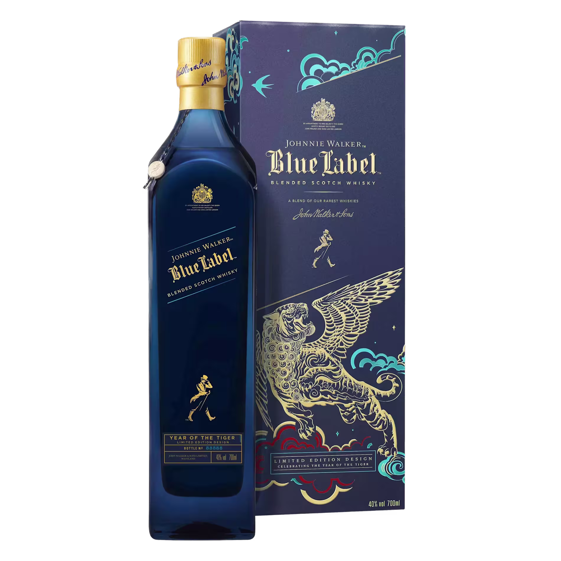 Johnnie Walker Blue Label Year of the Tiger limited edition whisky bottle and decorative box featuring gold and blue designs.