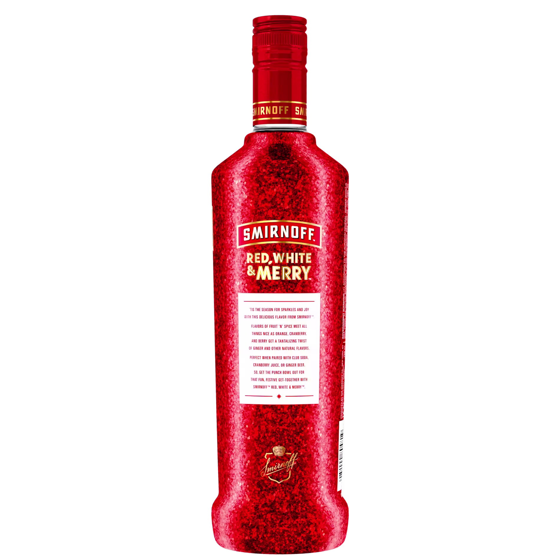 A red glittery bottle of Smirnoff Red, White & Merry vodka, featuring a white and red label and a red cap.