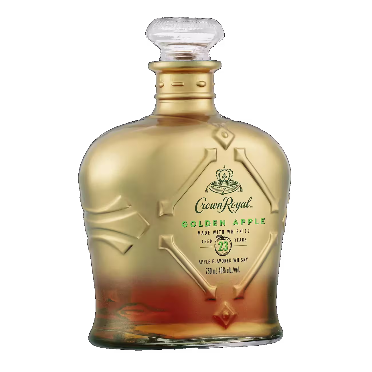 A 750ml bottle of Crown Royal Golden Apple, featuring a gold and green label, clear stopper, and embossed detailing, aged 23 years, apple flavored whisky.