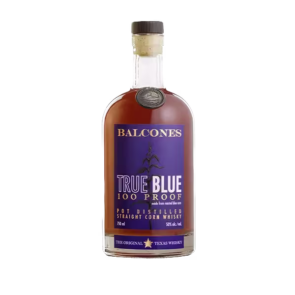 A bottle of Balcones True Blue 100 Proof Pot Distilled Straight Corn Whisky, 750 ml, with a purple label and clear cap.