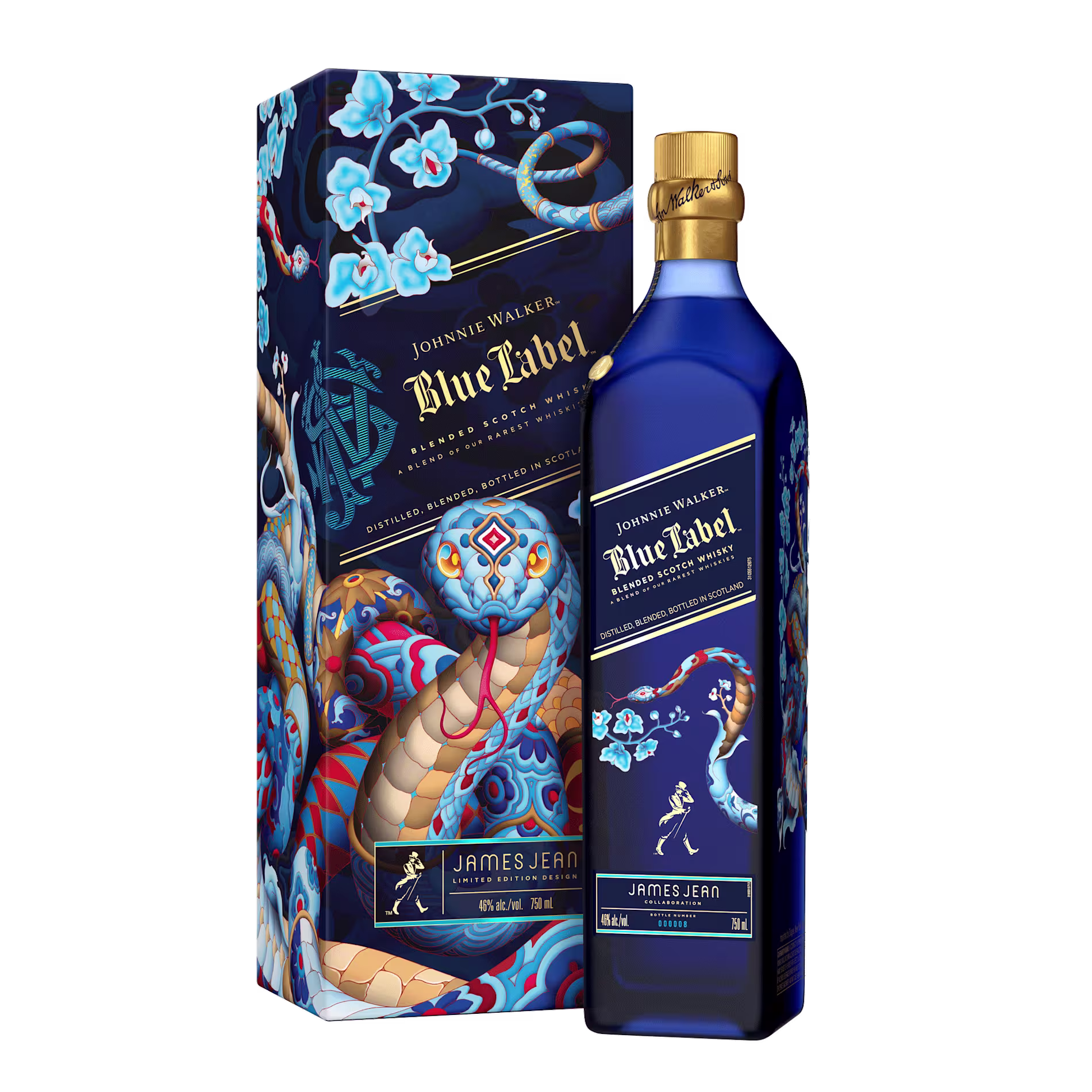 Johnnie Walker Blue Label whisky bottle and box featuring blue and gold limited edition artwork with floral and serpent designs by James Jean.