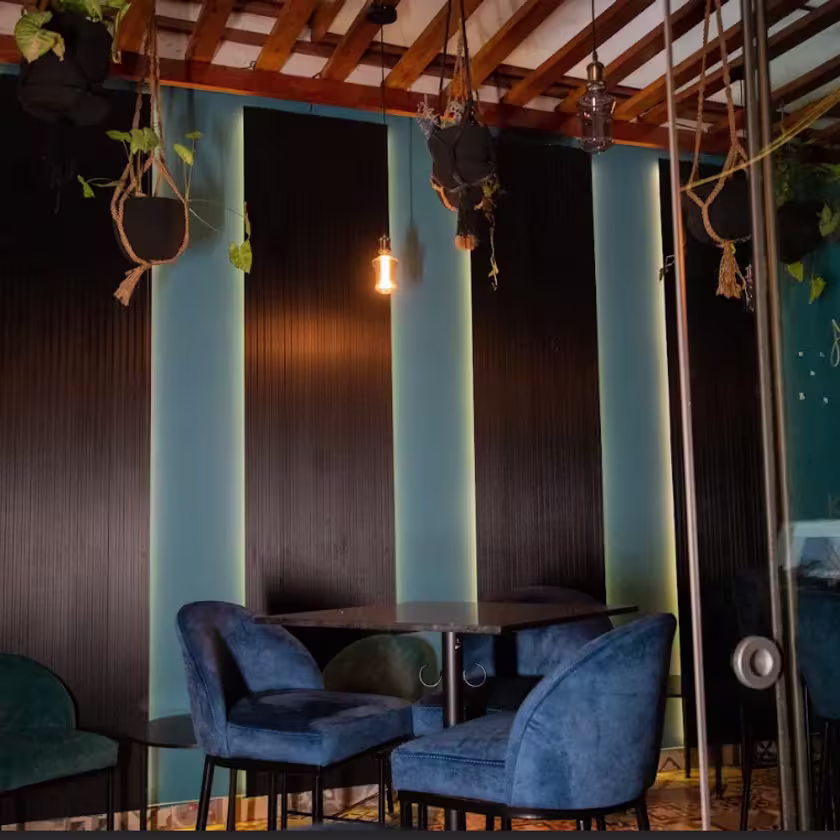 En la imagen se ve el salón del bar Kurent. Los sillones son azules y de techo cuelgan algunas plantas.