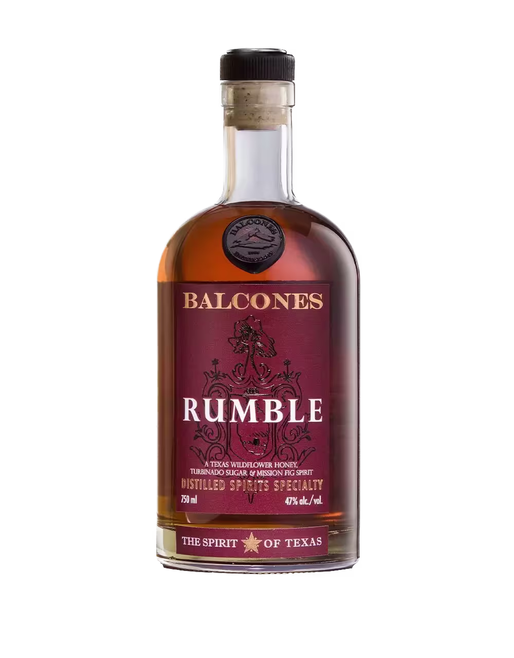 A bottle of Balcones Rumble, featuring a maroon label with gold and white text, containing 750ml of distilled spirits specialty at 47% alcohol by volume.