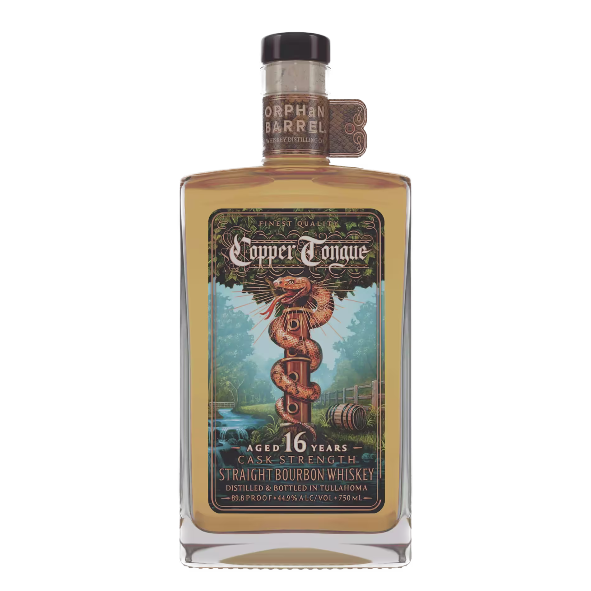 A rectangular bottle of Copper Tongue 16-year cask strength bourbon whiskey with a detailed label featuring a coiled copper serpent and landscape imagery.