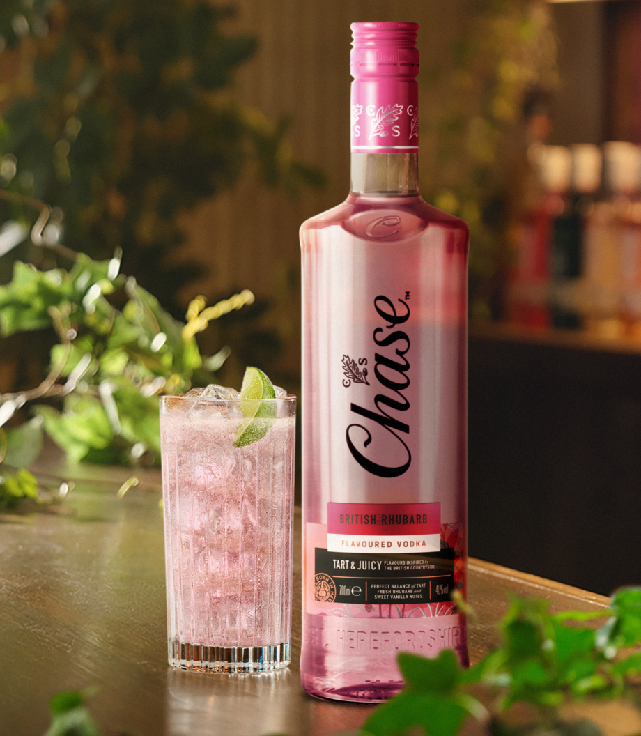 Chase British Rhubarb next to cocktail