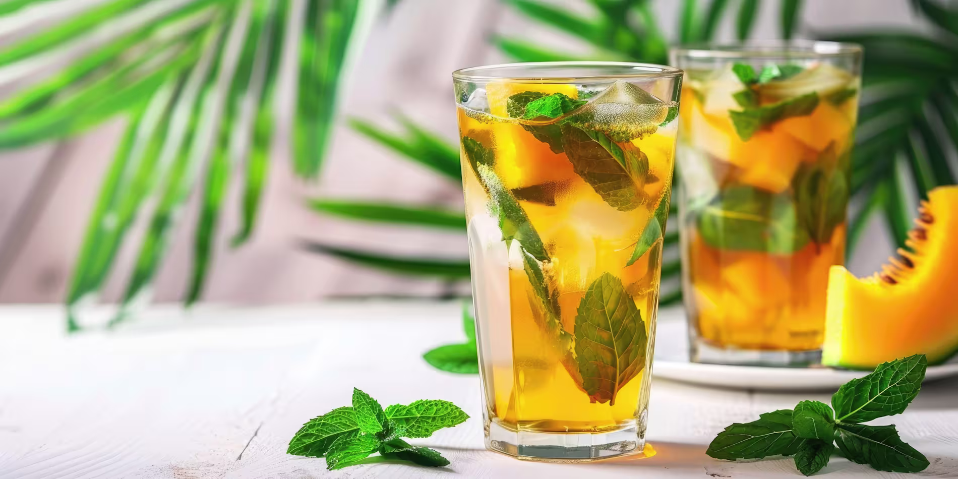 Two glasses of iced tea with mint leaves and lemon slices on a white surface, with a melon slice and green leaves in the background.