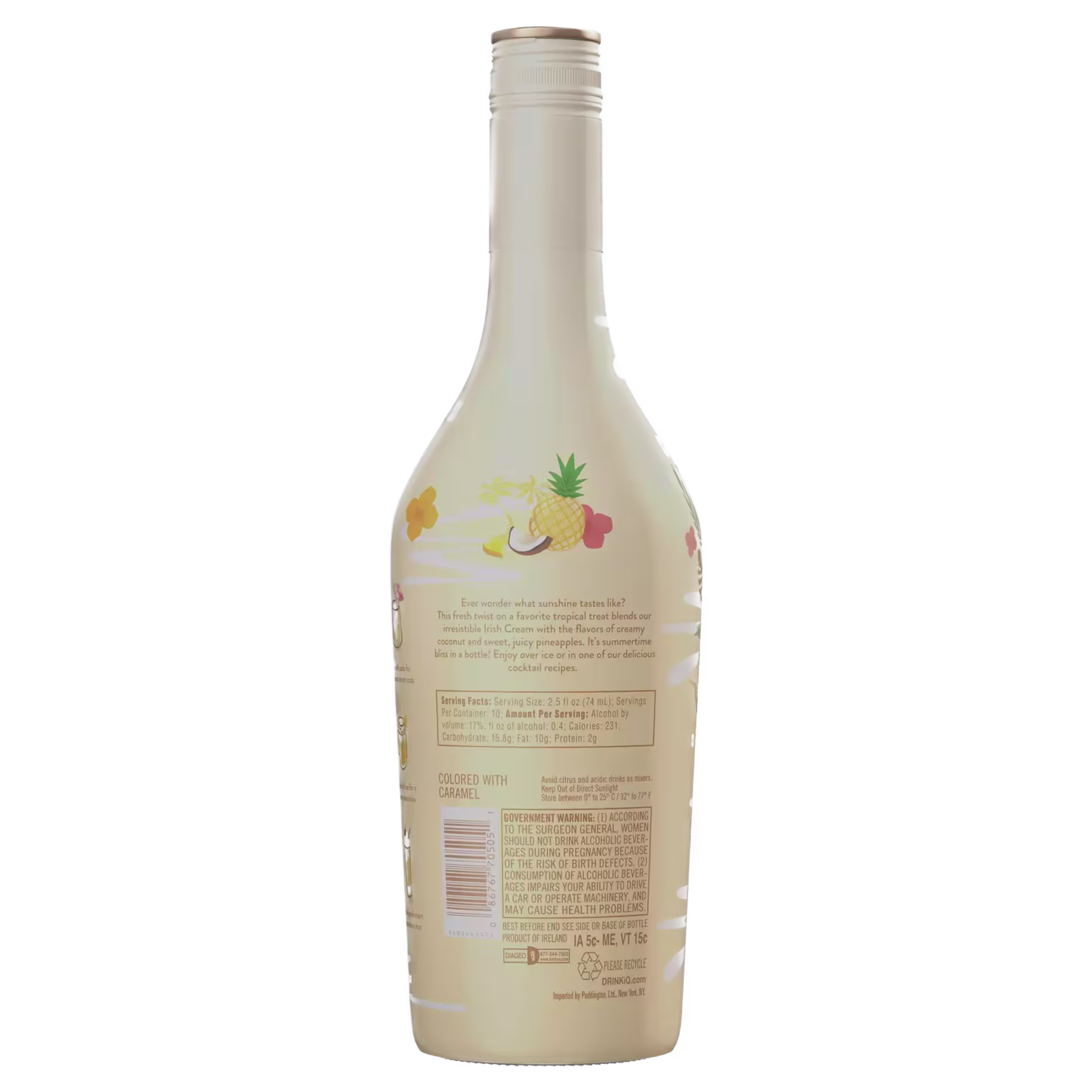 A cream-colored bottle with a label featuring illustrations of pineapple, coconut, and flowers; text and a barcode are visible on the back.