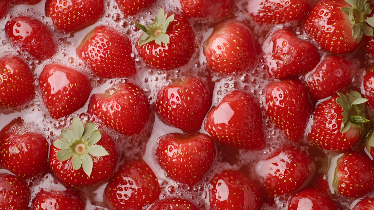 Fresh strawberries being washed in water