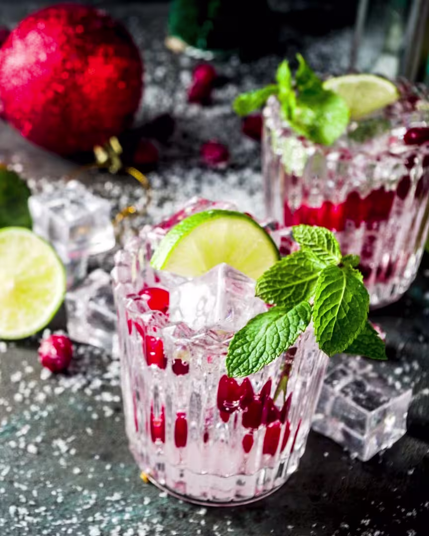 A mojito cocktail with cranberries and mint leaves.