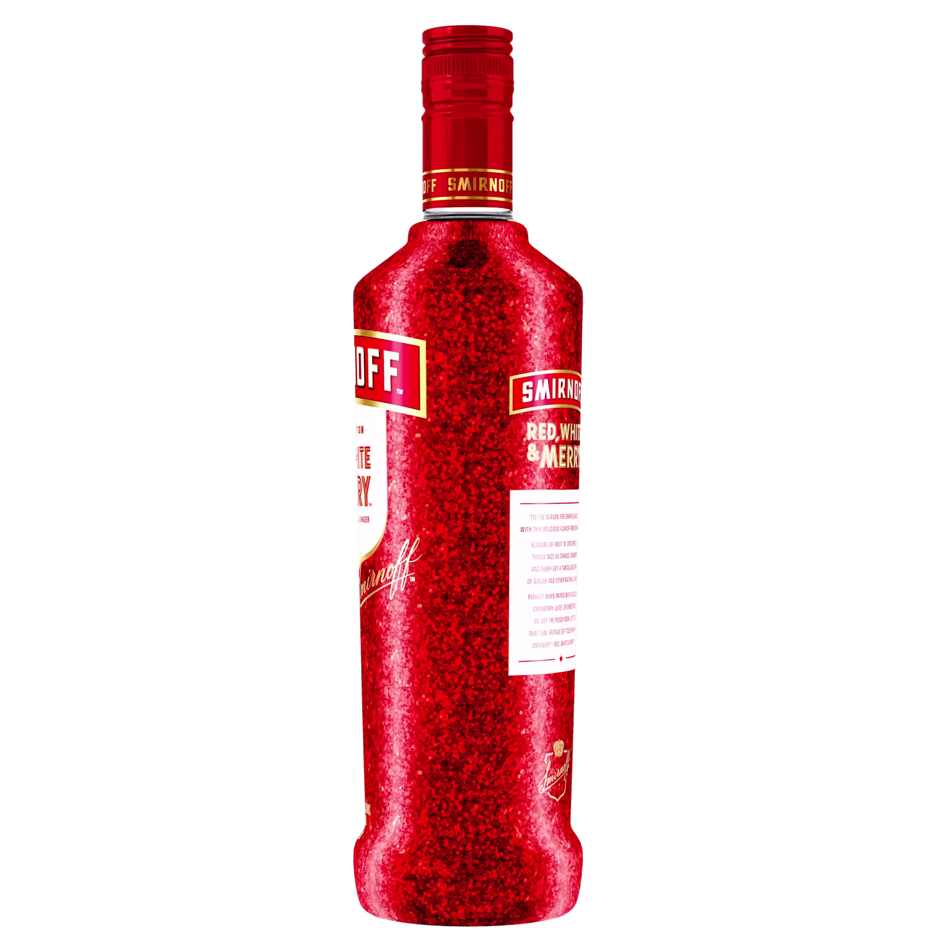 A red glittery bottle of Smirnoff Red, White & Merry flavored vodka shown against a plain black background.