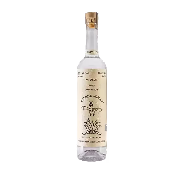 Clear glass bottle of Verde Almas mezcal with beige label featuring an agave illustration and text indicating 100% agave and 42% alcohol by volume.