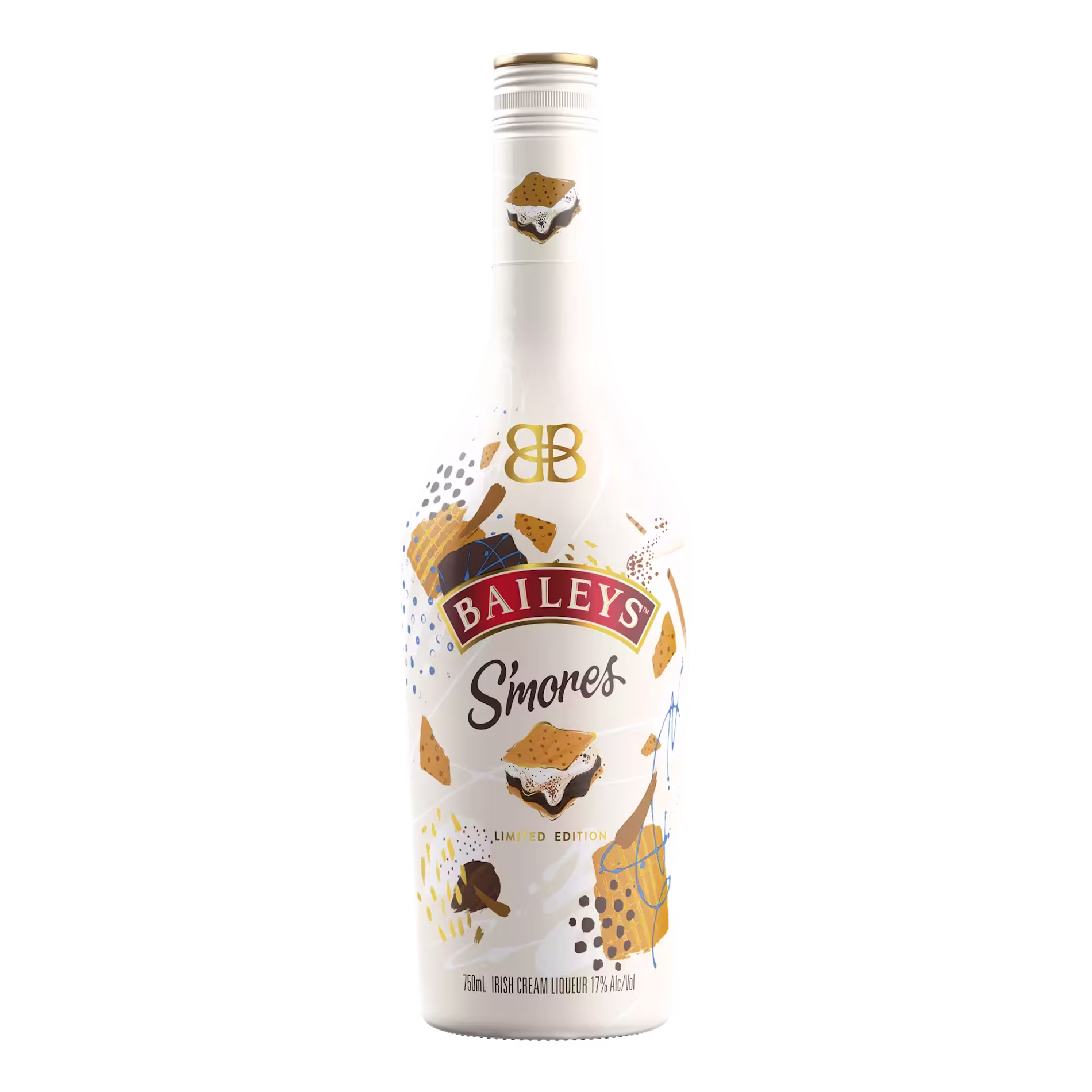 A bottle of Baileys Smores Limited Edition Irish Cream Liqueur with graphics of graham crackers, chocolate, and marshmallows on a white background.