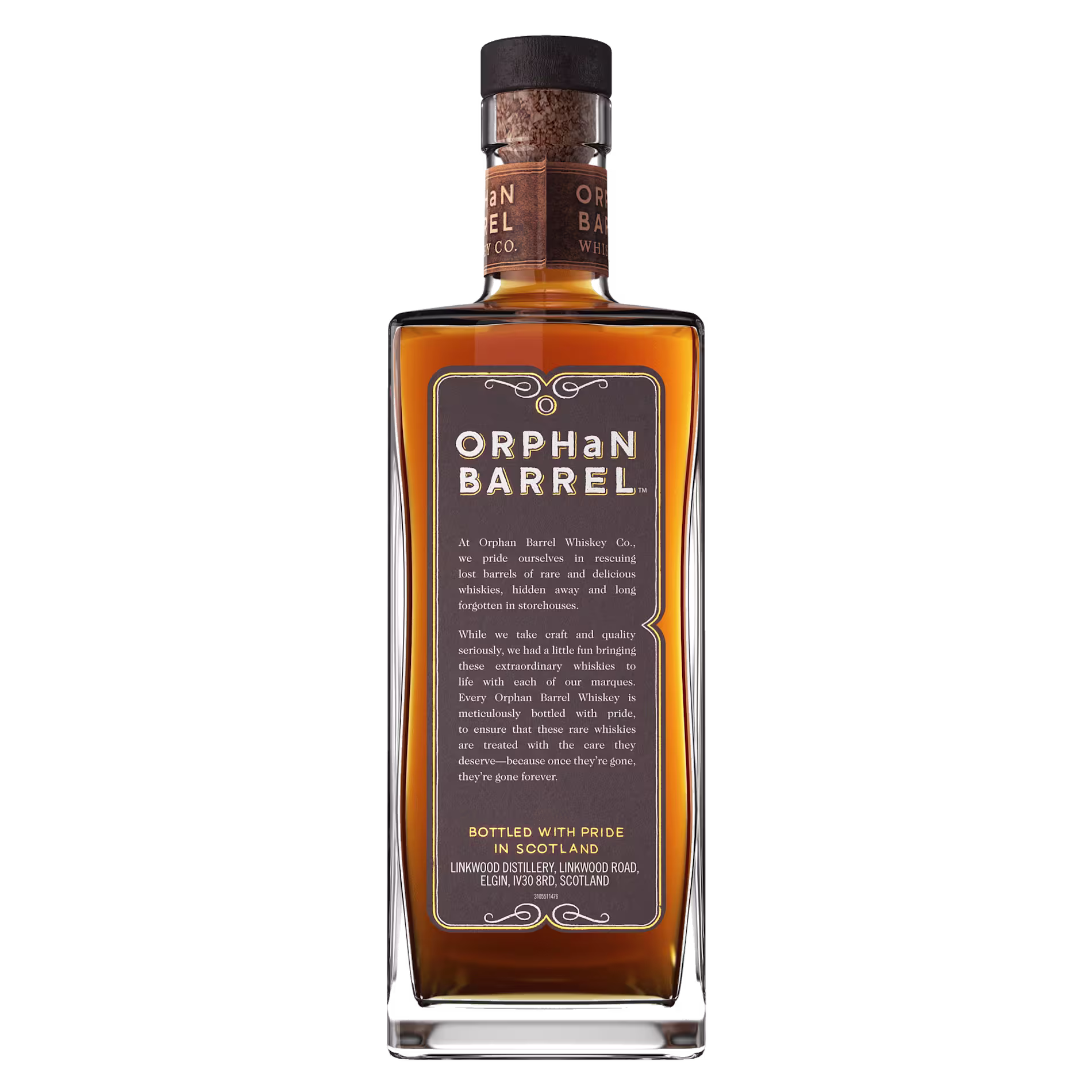 A rectangular bottle of Orphan Barrel whiskey with a cork stopper, filled with amber liquid, and a detailed label on the front.