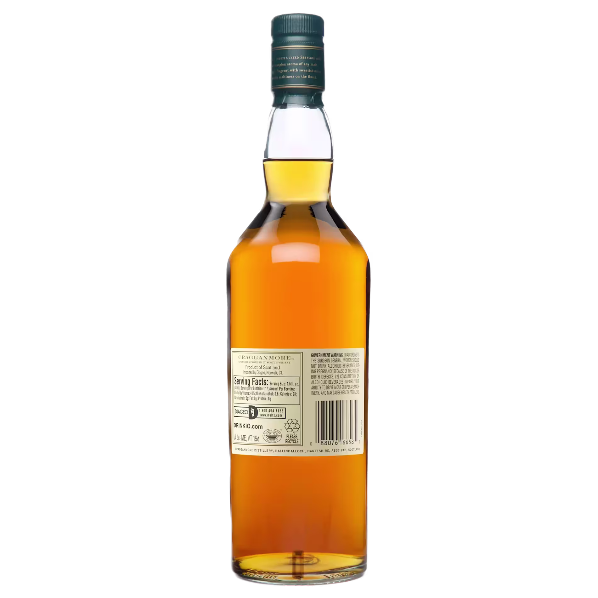 A clear glass bottle of whisky with a green cap, shown from the back to display the label and barcode.