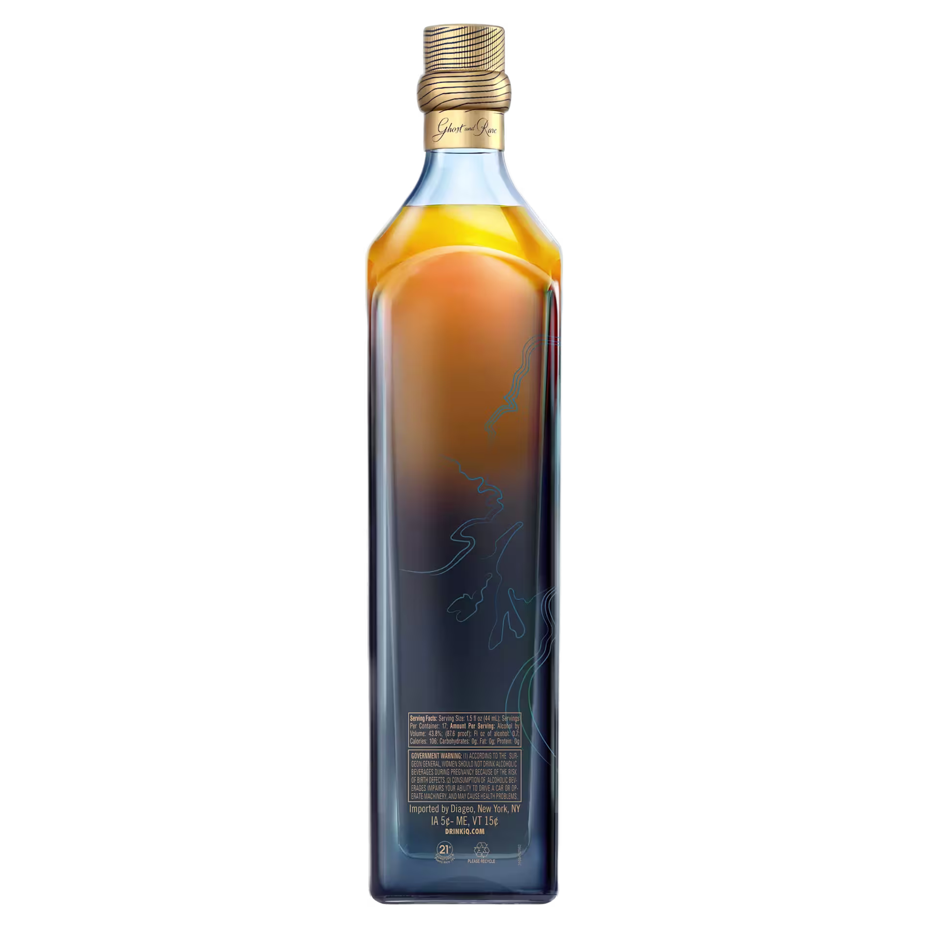 A rectangular bottle of Johnnie Walker whisky with a blue and gold gradient design and a gold cap, shown against a plain background.