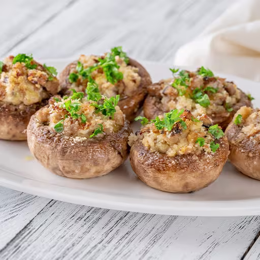 A white plate with several stuffed mushrooms topped with herbs and breadcrumbs sits on a white wooden table.